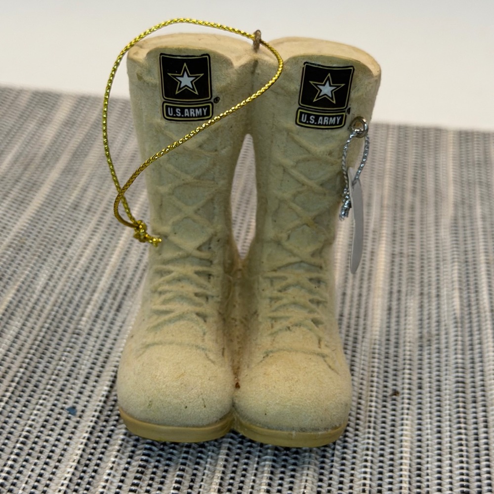 US Army Combat Boot Christmas Ornament Tan Desert Boots Army Strong Dog Tag